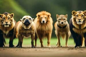 ein Gruppe von Löwen, Tiger, und Hunde Stehen zusammen. KI-generiert foto