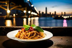 Spaghetti mit Tomate Soße und Basilikum. KI-generiert foto