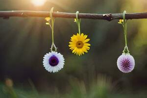 drei Blumen hängend von ein Ast. KI-generiert foto