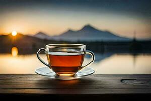 ein Tasse von Tee auf ein hölzern Tabelle im Vorderseite von ein See. KI-generiert foto