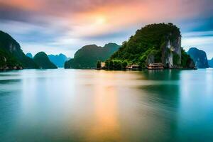 das Sonnenuntergang Über das Wasser im Halong Bucht, Vietnam. KI-generiert foto