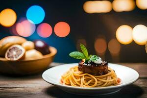 Spaghetti mit Fleisch und Soße auf ein Platte. KI-generiert foto