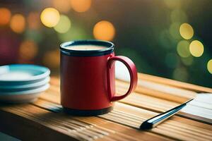 ein rot Kaffee Becher auf ein hölzern Tabelle mit ein Stift und ein Tasse von Kaffee. KI-generiert foto