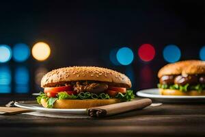 zwei Hamburger auf ein hölzern Tabelle mit Beleuchtung im das Hintergrund. KI-generiert foto