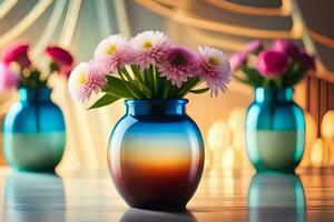 drei Vasen mit Rosa Blumen im Sie auf ein Tisch. KI-generiert foto
