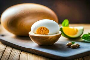 ein Ei im ein hölzern Schüssel mit ein Scheibe von Zitrone. KI-generiert foto
