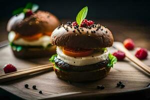 zwei Hamburger mit Käse und Beeren auf ein hölzern Tafel. KI-generiert foto