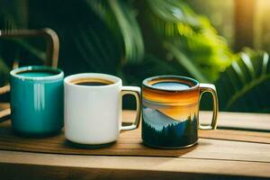 Kaffee Tassen auf ein hölzern Tisch. KI-generiert foto