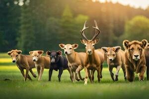 ein Herde von Hirsch Laufen im das Gras. KI-generiert foto