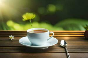 ein Tasse von Tee auf ein hölzern Tisch. KI-generiert foto