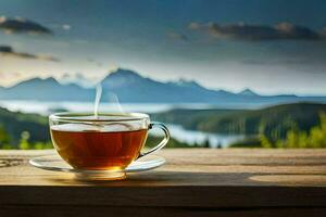 ein Tasse von Tee auf ein hölzern Tabelle mit Berge im das Hintergrund. KI-generiert foto