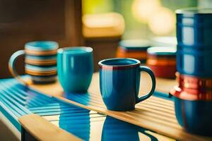 bunt Kaffee Tassen und Tassen auf ein Tisch. KI-generiert foto