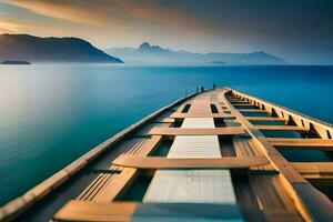 ein lange hölzern Seebrücke im das Ozean beim Sonnenuntergang. KI-generiert foto