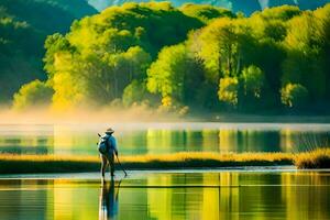 ein Mann ist Gehen über ein See mit ein Rucksack. KI-generiert foto