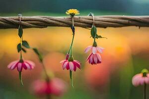 Blumen hängend von ein Draht Zaun. KI-generiert foto