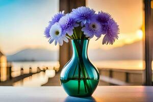 ein Vase mit lila Blumen auf ein Tabelle im Vorderseite von ein Fenster. KI-generiert foto