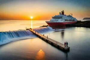 ein Paar steht auf ein Dock beim Sonnenuntergang mit ein Kreuzfahrt Schiff im das Hintergrund. KI-generiert foto