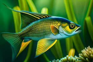 Fisch im das Ozean mit Grün Pflanzen und Algen. KI-generiert foto