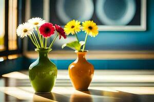 zwei Vasen mit Blumen Sitzung auf ein Tisch. KI-generiert foto