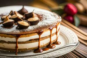 ein geschichtet Kuchen mit Schokolade und Karamell auf oben. KI-generiert foto