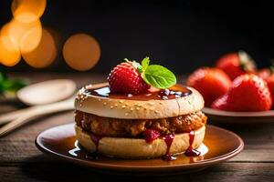 ein Hamburger mit Erdbeeren und Sirup auf ein Platte. KI-generiert foto