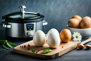 Eier auf ein Schneiden Tafel Nächster zu ein sofortig Topf. KI-generiert foto