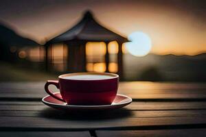 Kaffee Tasse, das Sonne, das Landschaft, das Sonnenuntergang, das Landschaft, das Landschaft,. KI-generiert foto