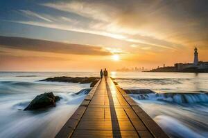 ein Paar Gehen auf ein Seebrücke beim Sonnenuntergang. KI-generiert foto