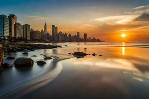 das Sonne setzt Über das Stadt Horizont im Dubai. KI-generiert foto