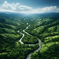 ein Antenne Aussicht von ein Wicklung Fluss Schneiden durch ein dicht Wald generativ ai foto