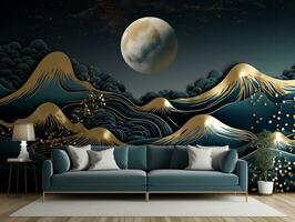 3d Abstraktion modern Mauer Kunst Nacht Landschaft mit dunkel Blau und golden Türkis Berge schwarz Hintergrund mit Mond und golden Bäume generativ ai foto