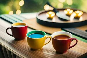 drei bunt Tassen von Kaffee auf ein hölzern Tisch. KI-generiert foto