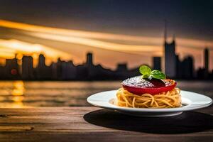 ein Teller von Spaghetti mit Tomate und Basilikum auf ein hölzern Tabelle im Vorderseite von das Stadt Horizont. KI-generiert foto