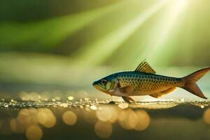 ein Fisch ist Stehen auf das Strand mit Sonnenlicht leuchtenden. KI-generiert foto