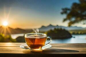 ein Tasse von Tee auf ein hölzern Tabelle mit ein Aussicht von das Berge. KI-generiert foto