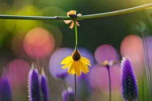 ein Gelb Blume ist hängend von ein Kabel. KI-generiert foto