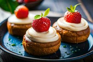 drei Mini Cupcakes mit Sahne Glasur und Erdbeeren. KI-generiert foto