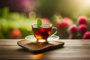 ein Tasse von Tee auf ein hölzern Tabelle mit Blumen im das Hintergrund. KI-generiert foto