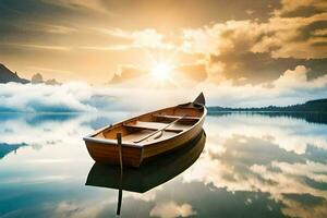 ein Boot schwebend auf ein Ruhe See mit das Sonne leuchtenden. KI-generiert foto