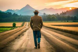 ein Mann im ein Hut Spaziergänge Nieder ein Schmutz Straße. KI-generiert foto