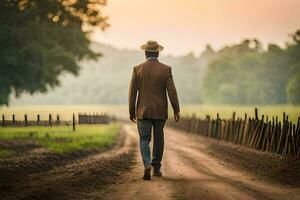 ein Mann im ein Hut Spaziergänge Nieder ein Schmutz Straße. KI-generiert foto