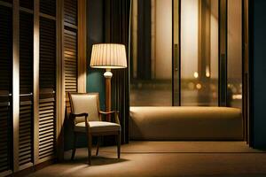 ein Stuhl und Lampe im ein Zimmer mit ein Aussicht von das Stadt. KI-generiert foto