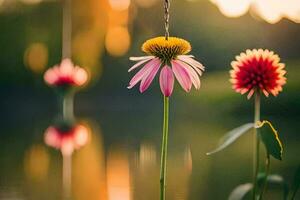 zwei Rosa Blumen sind hängend von ein Seil. KI-generiert foto