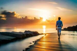 ein Mann Gehen auf ein hölzern Seebrücke beim Sonnenuntergang. KI-generiert foto