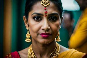 ein Frau im ein traditionell Sari mit Gold Schmuck. KI-generiert foto