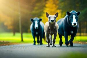 drei Hunde Gehen auf ein Straße im das Wald. KI-generiert foto