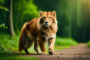 ein Löwe Gehen auf ein Schmutz Straße im das Wald. KI-generiert foto