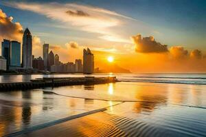 das Sonne setzt Über das Stadt Horizont im Dubai. KI-generiert foto