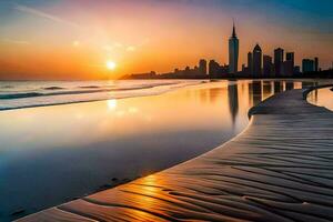 das Sonne setzt Über das Stadt Horizont im Dubai. KI-generiert foto