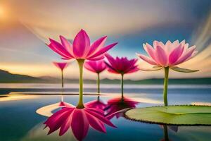 drei Rosa Lotus Blumen sind reflektiert im das Wasser. KI-generiert foto